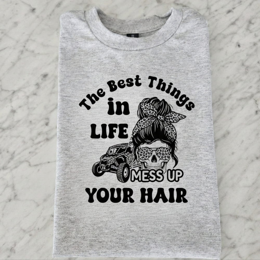Riding shirt Skull messy bun best things mess up your hair Sxs Rzr Utv 4x4 Rider